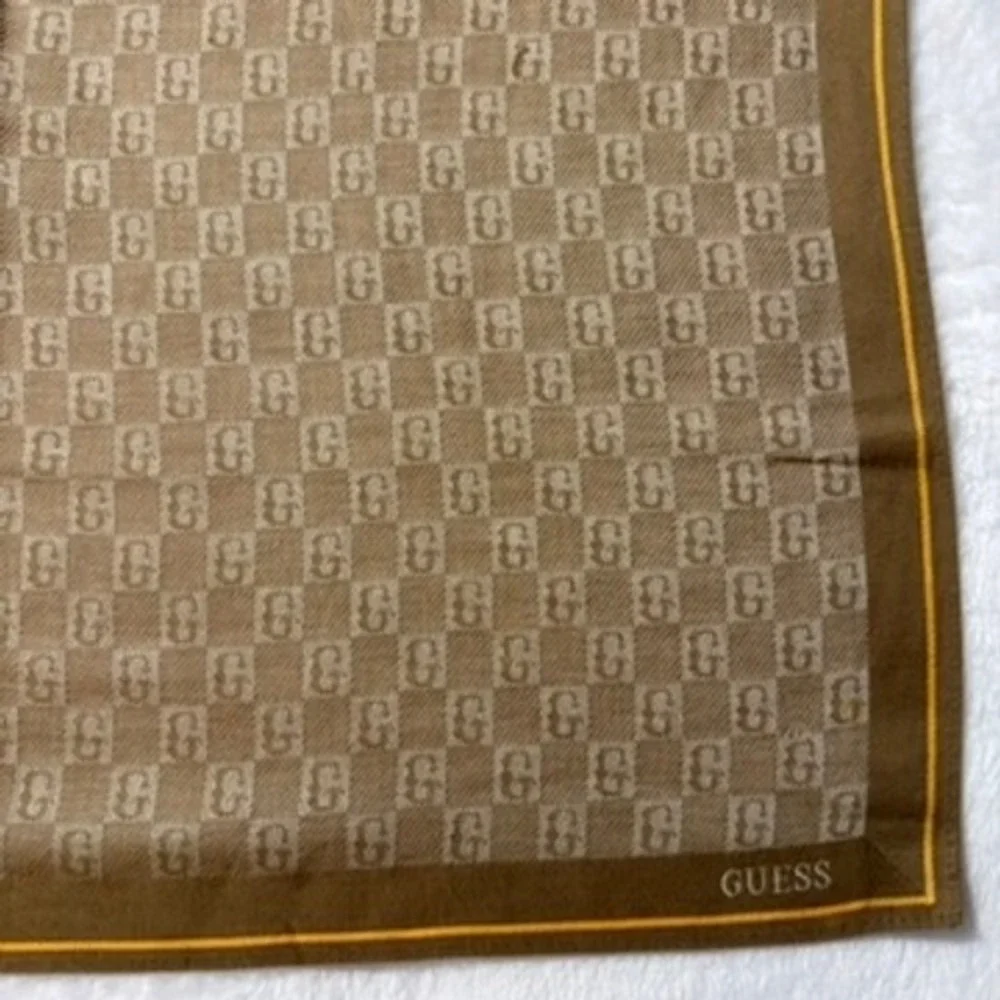 Vtg GUESS Scarf Handkerchief Monogram Logo Print Brown Tan 17.5